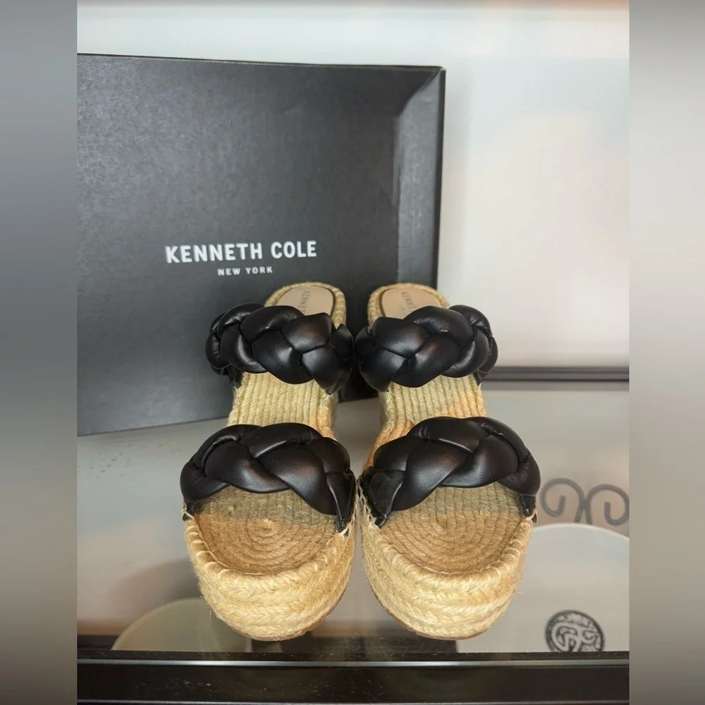 NWT NIB Kenneth Cole Olivia Braid Braided Open Toe Wedge Sandals Black Size 8.5